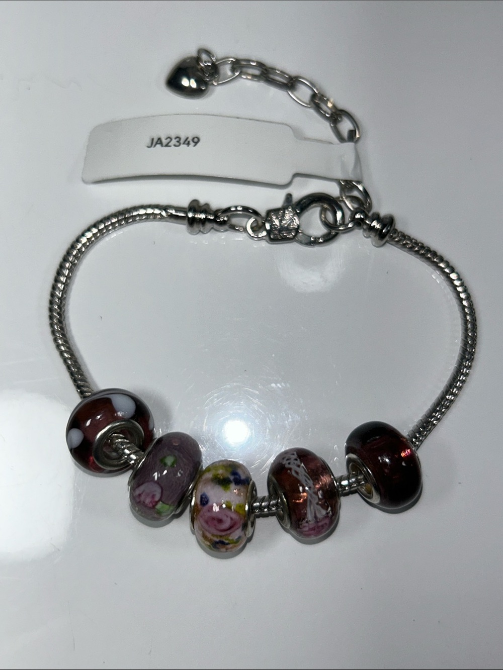 NWT European Pandora Style Charm Bracelet & 5 Colorful Artisan Blown Glass Beads